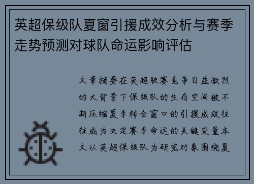 英超保级队夏窗引援成效分析与赛季走势预测对球队命运影响评估 英超保级队夏窗引援成效分析与赛季走势预测对球队命运影响评估