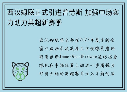 西汉姆联正式引进普劳斯 加强中场实力助力英超新赛季